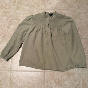 JCrew | Smocked Gauze Ruffle Neck Top | Prairie Green | Size M